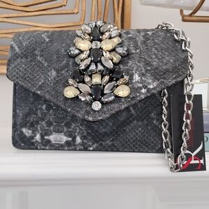 Elegant Black and Gray handbag with Gemstone Embellishments